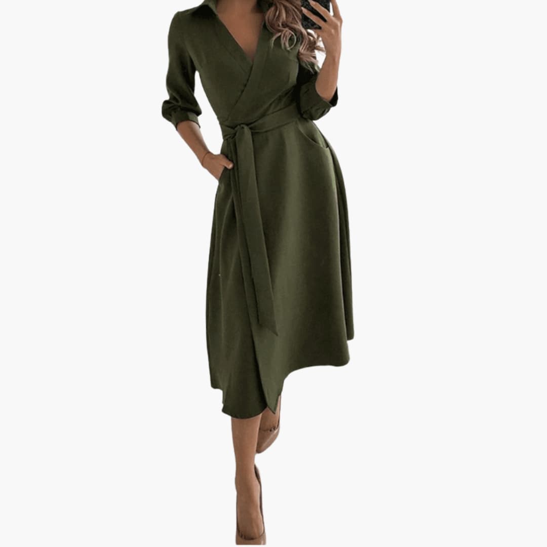 Feminine Flare Midi Dress with Bow Waist and Long Sleeves