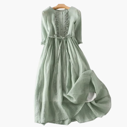 Elegant Maxi Dress with Front Buttons and Waist Tie