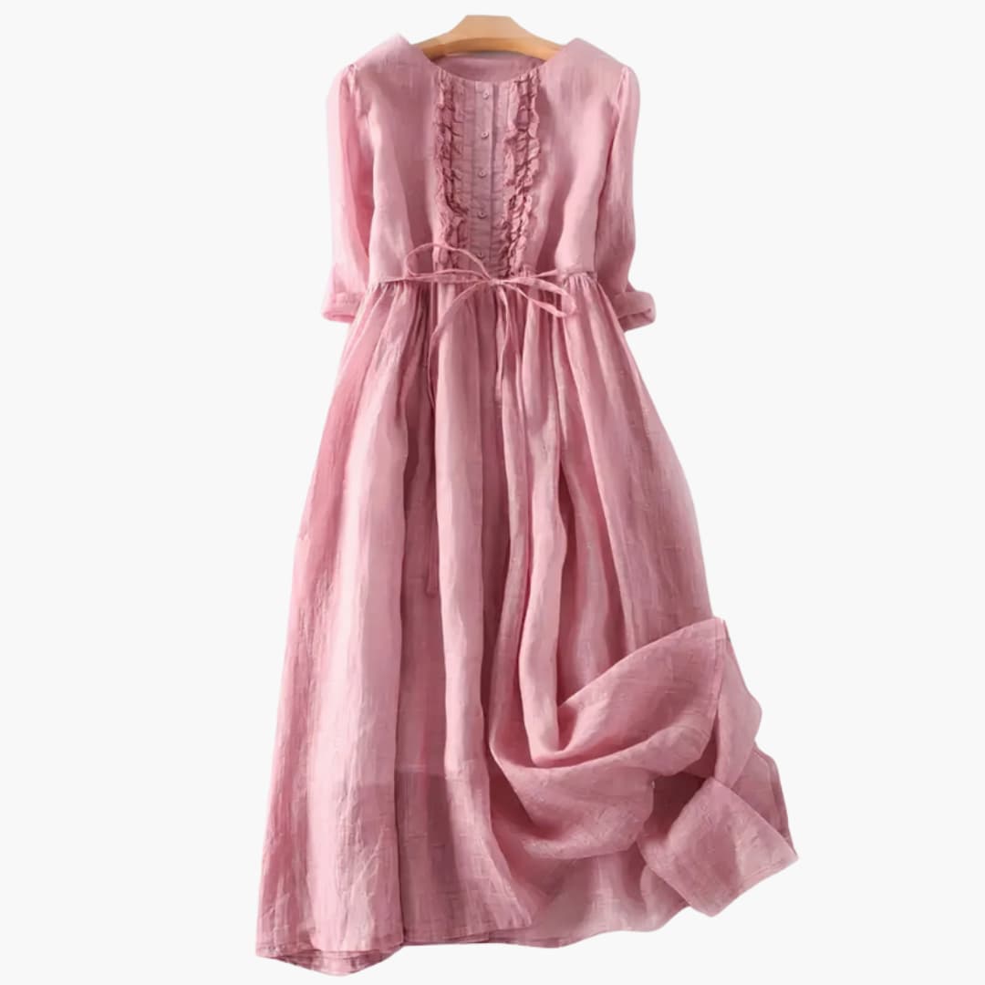 Elegant Maxi Dress with Front Buttons and Waist Tie - Olytrend
