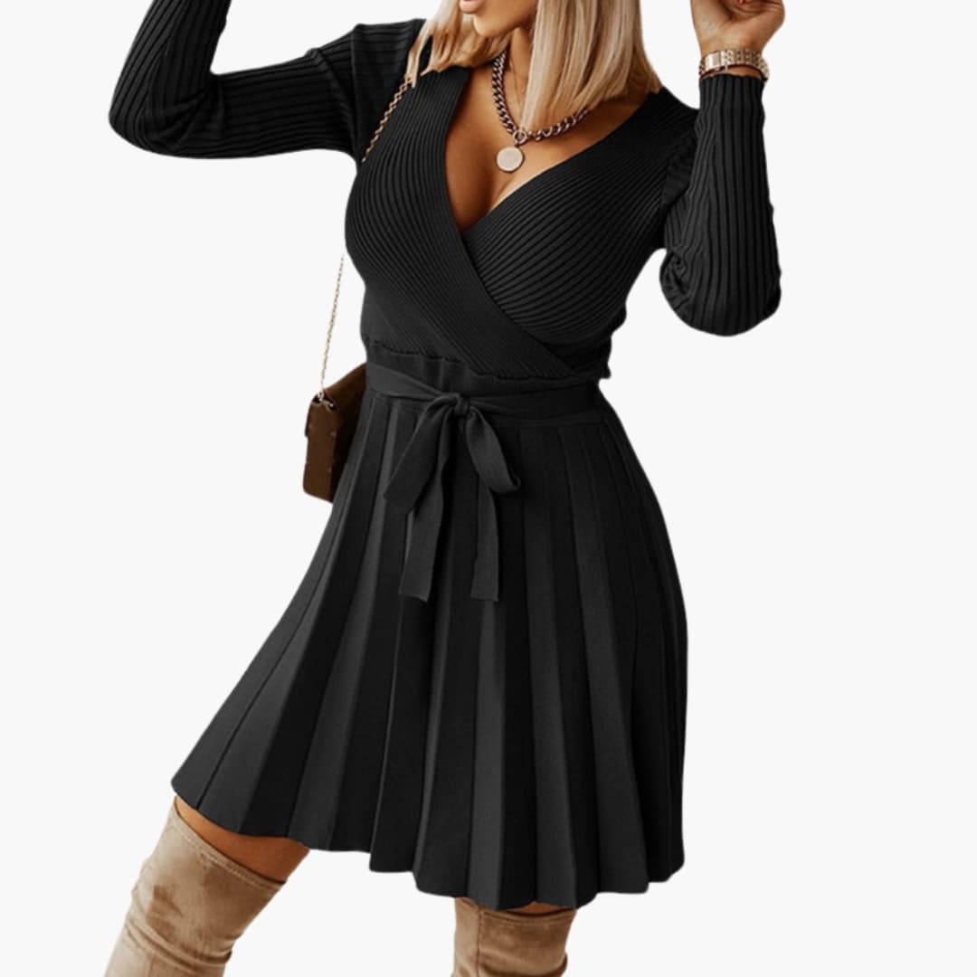 Classic Ladies Knit Dress with Belt and Flared Skirt