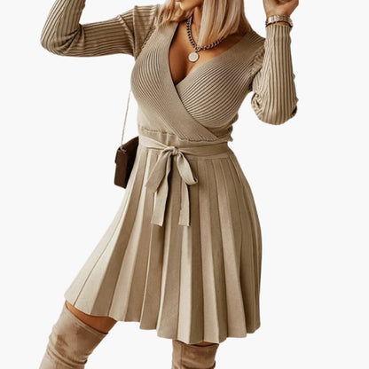 Classic Ladies Knit Dress with Belt and Flared Skirt - Olytrend