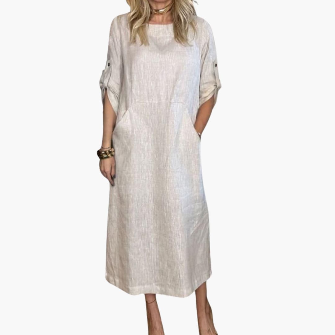 Ladies Comfortable Casual Midi Dress with Pockets - Olytrend