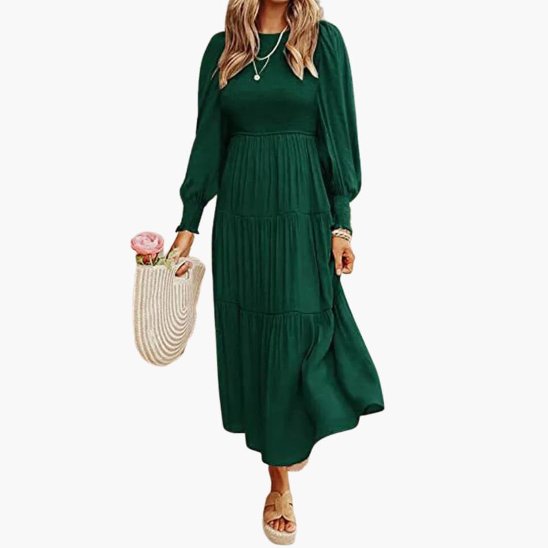 Ladies Casual Midi Dress with Ruffled Skirt and Crew Neck