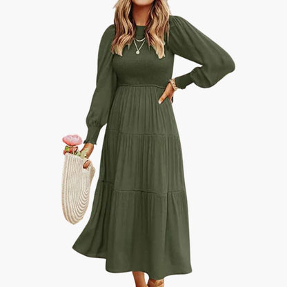 Ladies Casual Midi Dress with Ruffled Skirt and Crew Neck