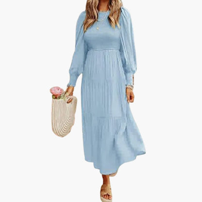 Ladies Casual Midi Dress with Ruffled Skirt and Crew Neck