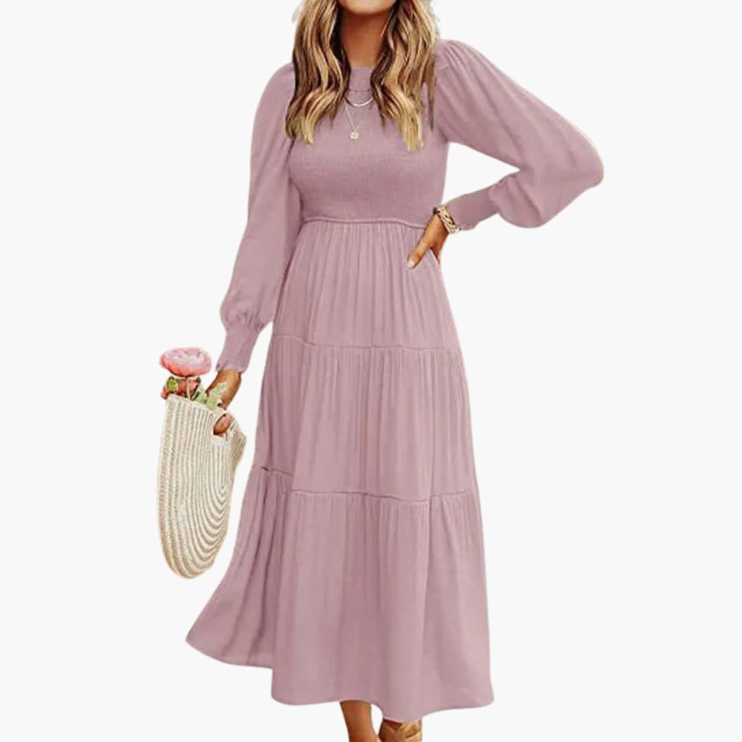 Ladies Casual Midi Dress with Ruffled Skirt and Crew Neck