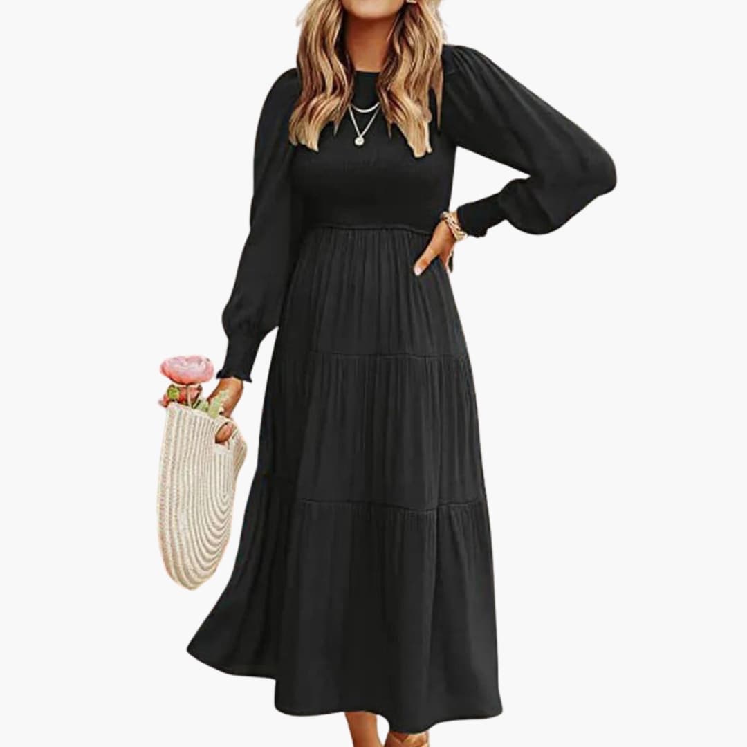 Ladies Casual Midi Dress with Ruffled Skirt and Crew Neck - Olytrend
