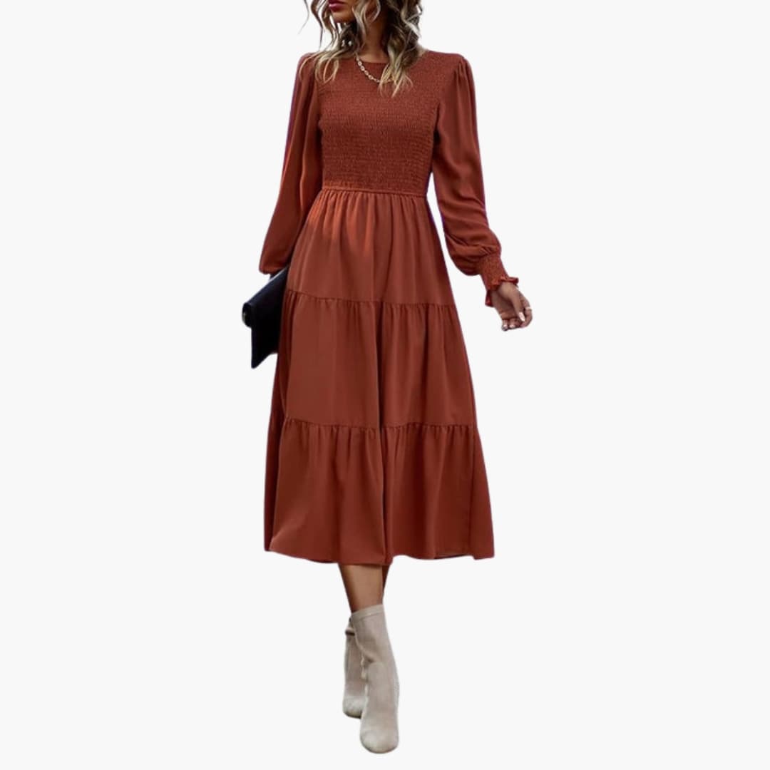 Ladies Casual Midi Dress with Ruffled Skirt and Crew Neck