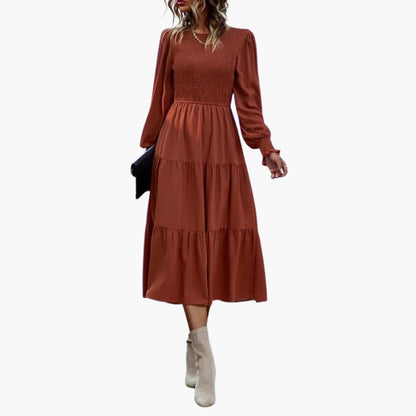 Ladies Casual Midi Dress with Ruffled Skirt and Crew Neck