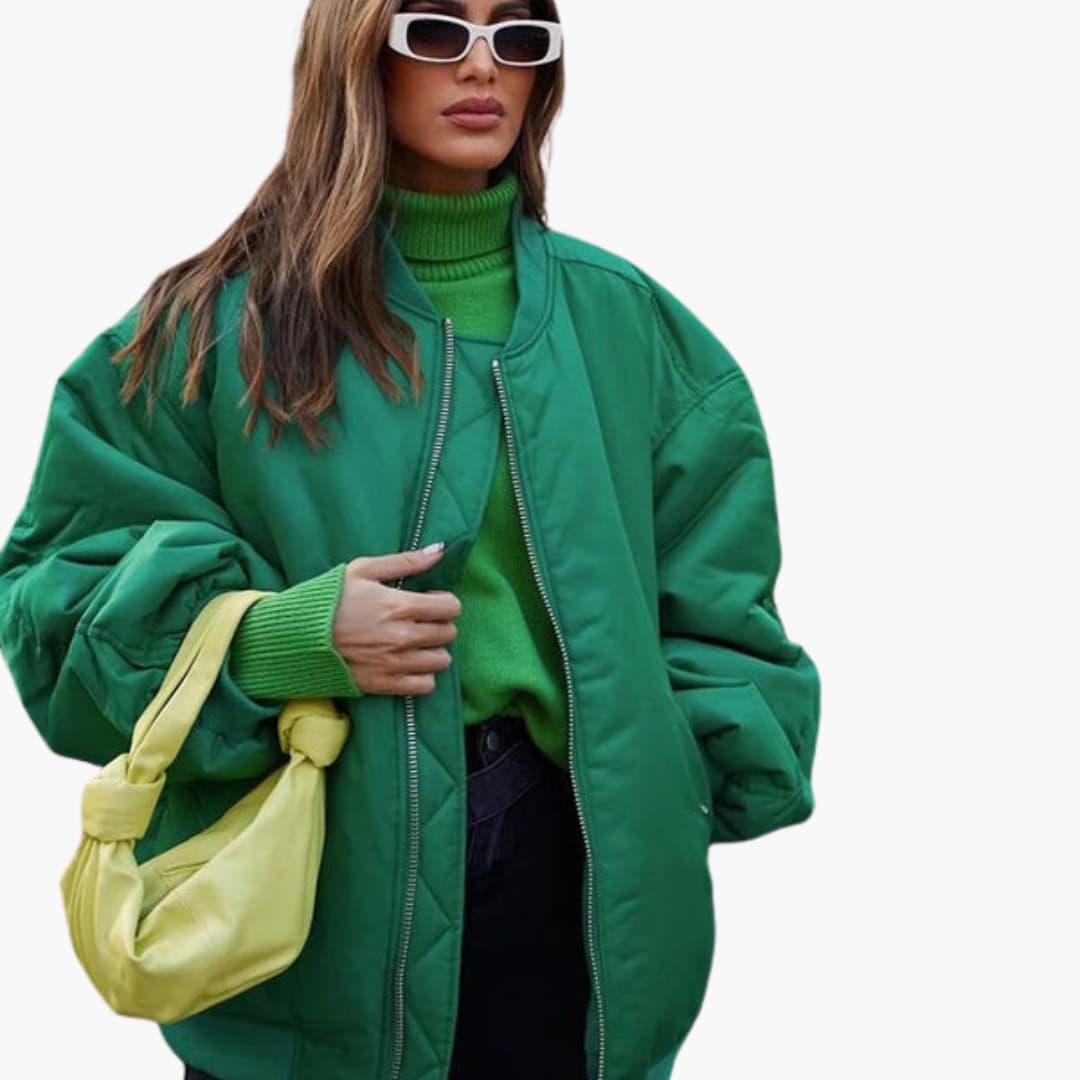 Ladies Casual Loose Fit Bomber Coat with Crew Neck