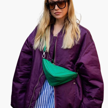 Ladies Casual Loose Fit Bomber Coat with Crew Neck