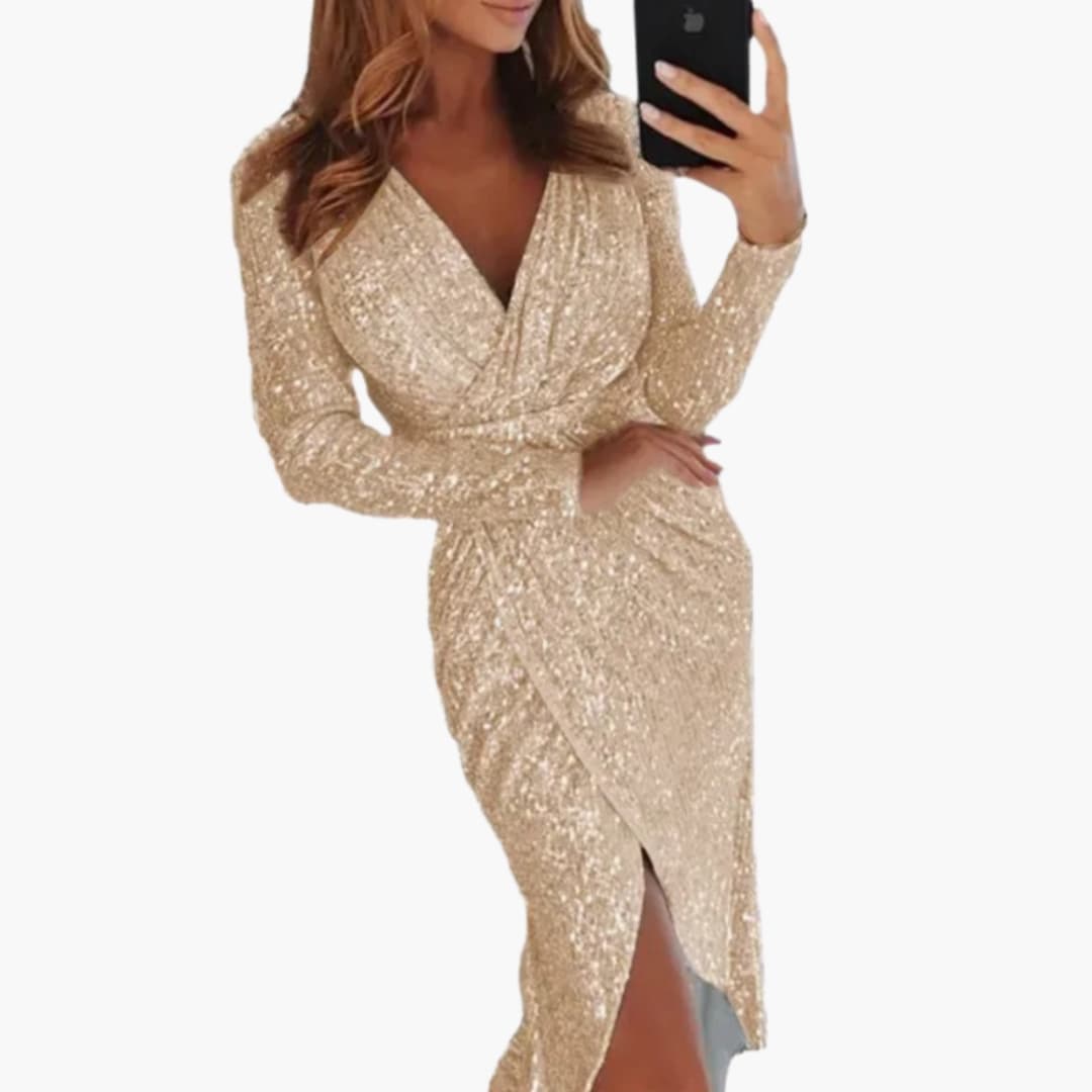 Sparkly Sleeved Midi Party Dress for Women