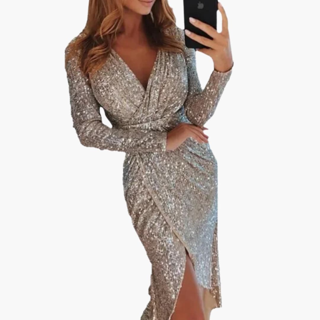 Sparkly Sleeved Midi Party Dress for Women - Olytrend