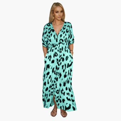 Ladies' Elegant V-Neck Maxi Printed Dress with Side Split