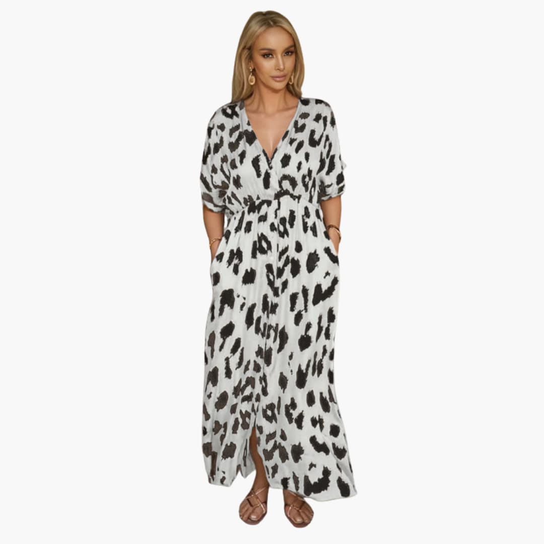 Ladies' Elegant V-Neck Maxi Printed Dress with Side Split