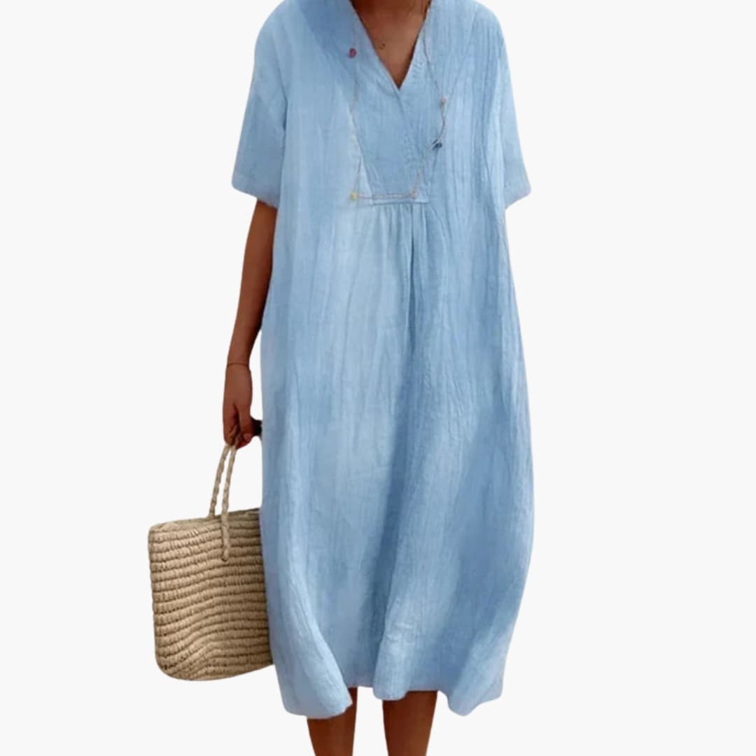 Relaxed Fit Casual V Neck Short Sleeve Dress - Olytrend