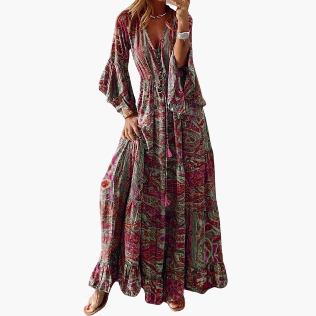 Long Floral Maxi Dress with Bell Sleeves - Olytrend