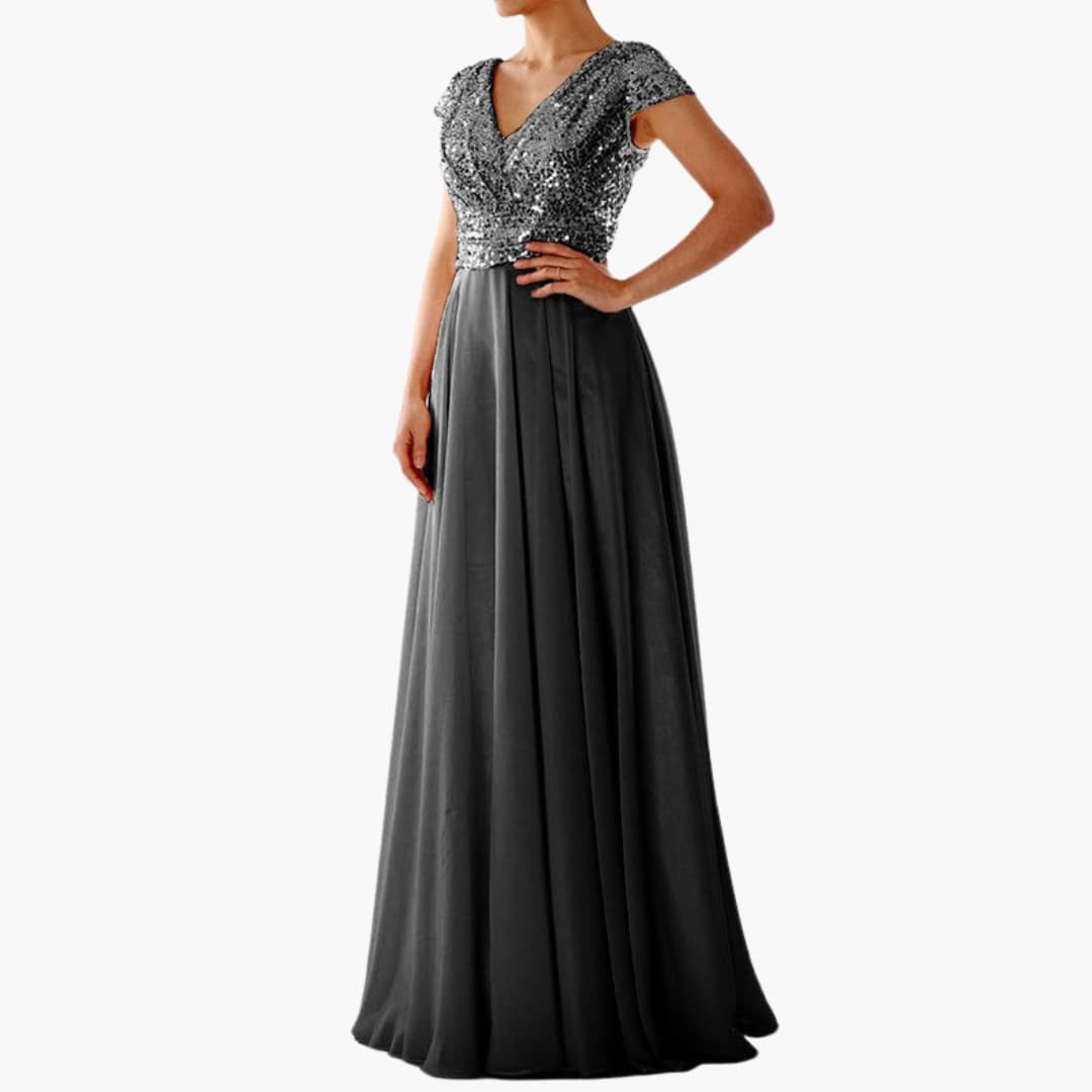 Long Sleeve V Neck Sequin Evening Dress