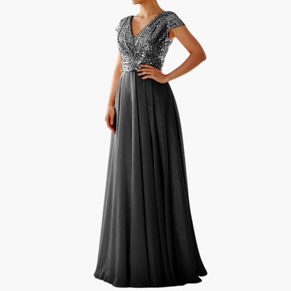 Long Sleeve V Neck Sequin Evening Dress