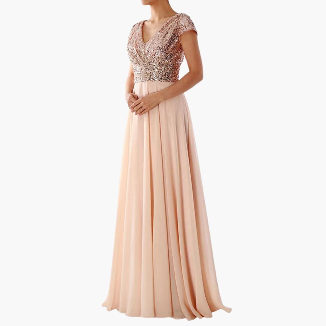 Long Sleeve V Neck Sequin Evening Dress - Olytrend