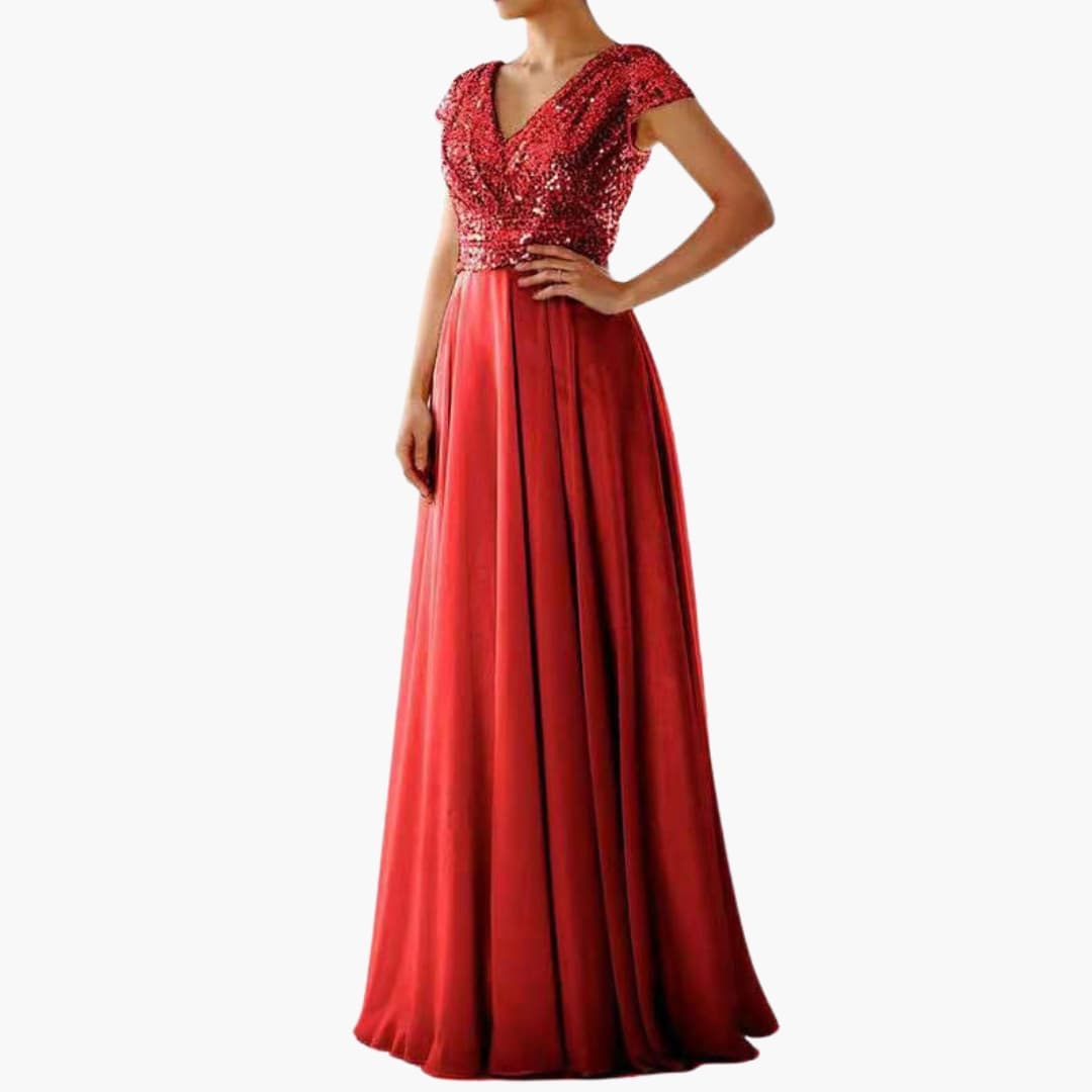 Long Sleeve V Neck Sequin Evening Dress
