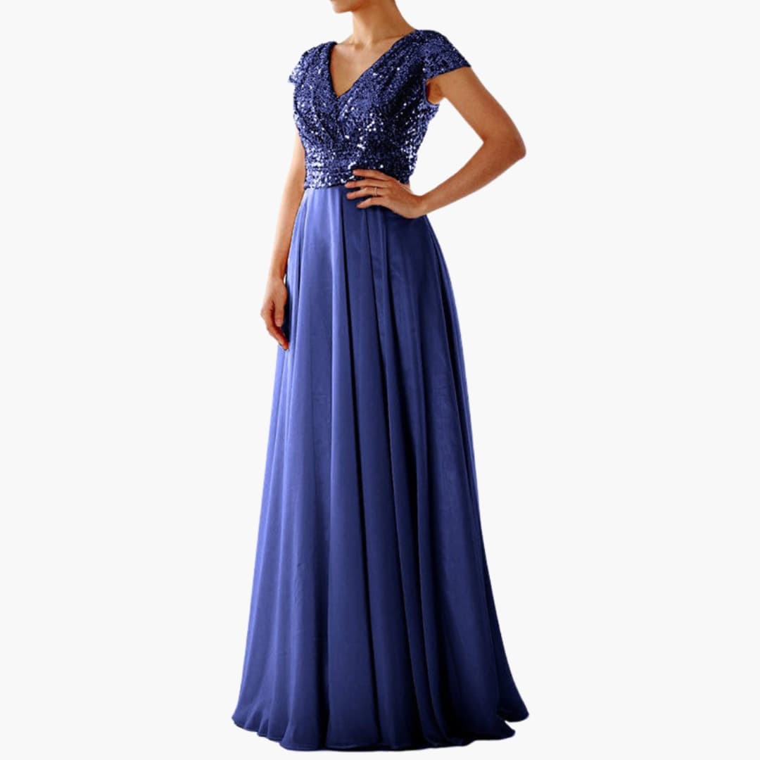 Long Sleeve V Neck Sequin Evening Dress