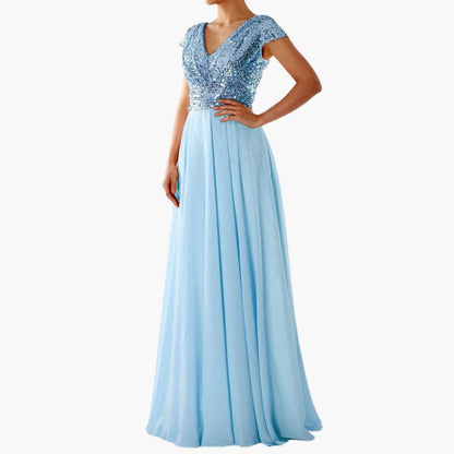 Long Sleeve V Neck Sequin Evening Dress