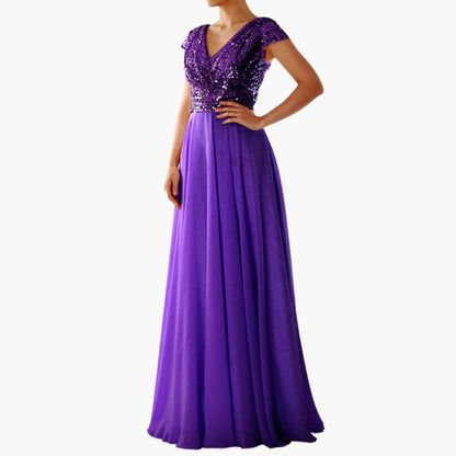 Long Sleeve V Neck Sequin Evening Dress