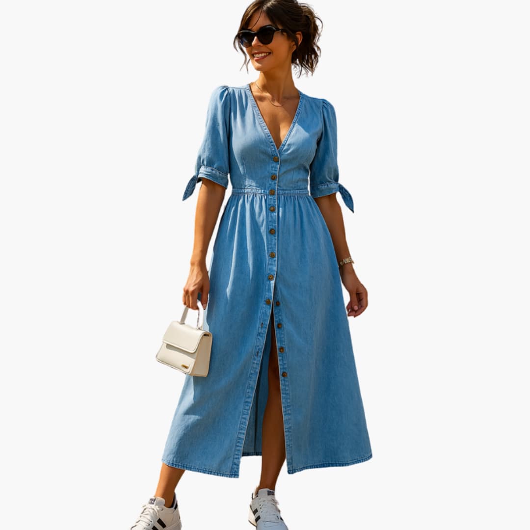 Ladies' Casual Button Front V Neck Dress - Olytrend