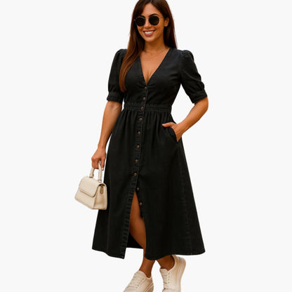 Ladies' Casual Button Front V Neck Dress