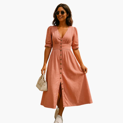 Ladies' Casual Button Front V Neck Dress