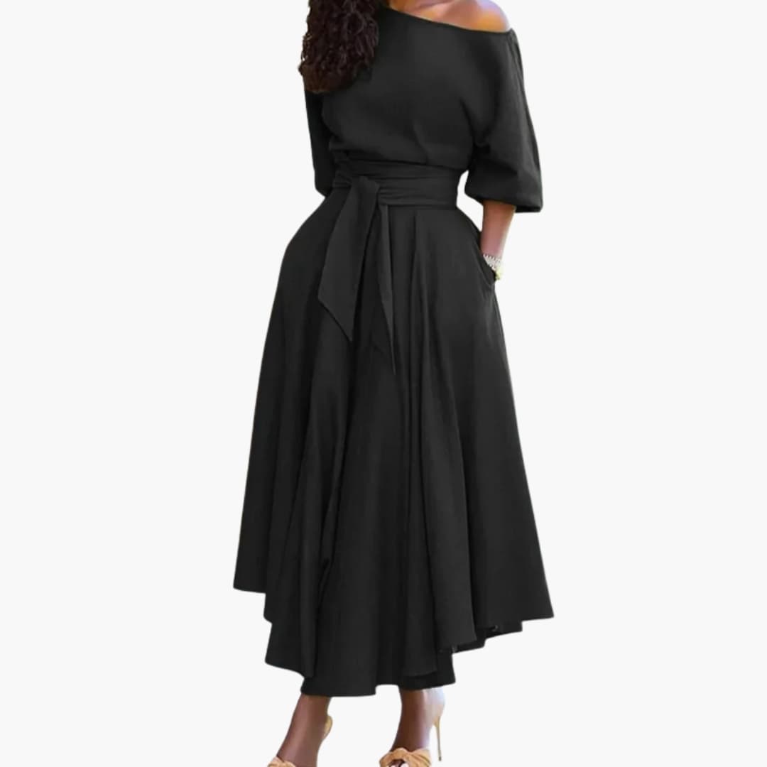 Casual Off Shoulder Midi Dress with Bell Sleeves