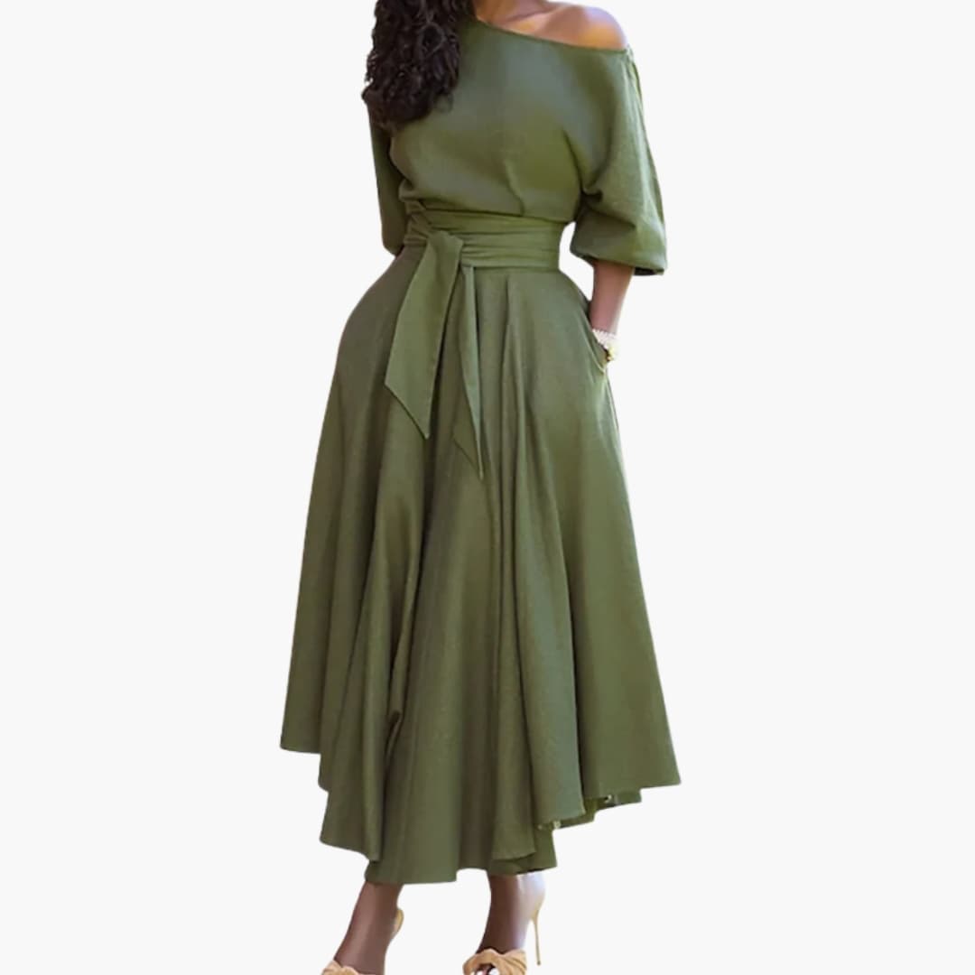 Casual Off Shoulder Midi Dress with Bell Sleeves - Olytrend