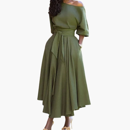 Casual Off Shoulder Midi Dress with Bell Sleeves - Olytrend