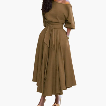 Casual Off Shoulder Midi Dress with Bell Sleeves