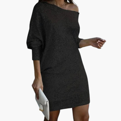 Chic Short Dress with Cold Shoulder and Glitter Detail - Olytrend
