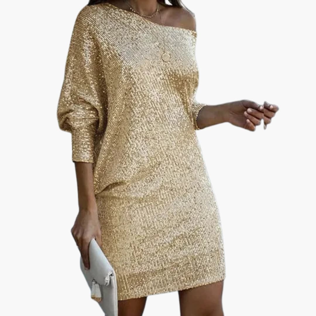 Chic Short Dress with Cold Shoulder and Glitter Detail