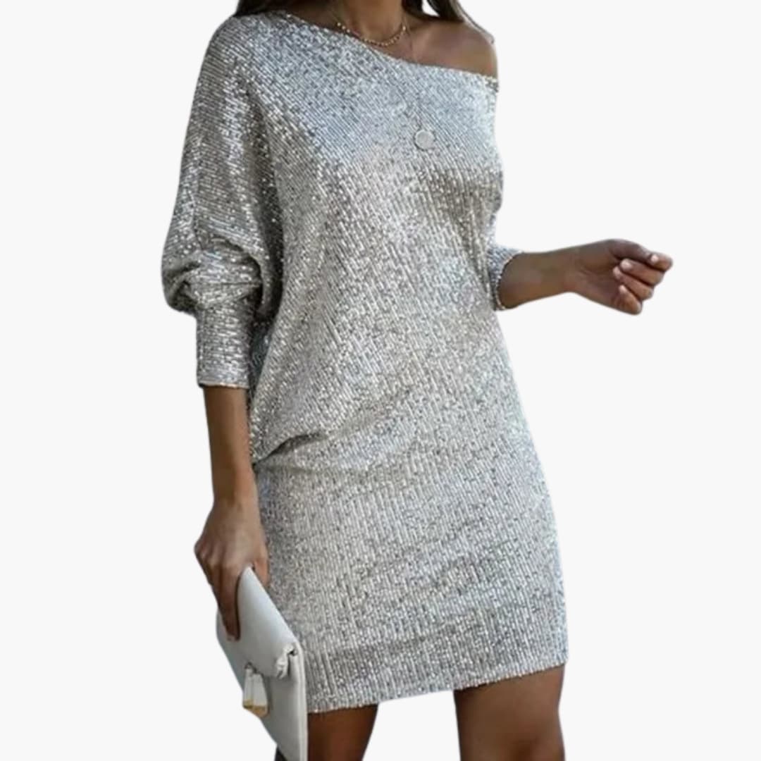 Chic Short Dress with Cold Shoulder and Glitter Detail