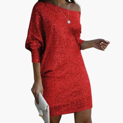 Chic Short Dress with Cold Shoulder and Glitter Detail