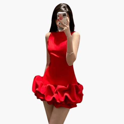 Female Fit and Flare Short Dress with Ruffles - Olytrend