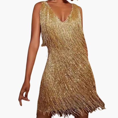 Short Sleeve V Neck Mini Dress with Tassel Trim - Olytrend