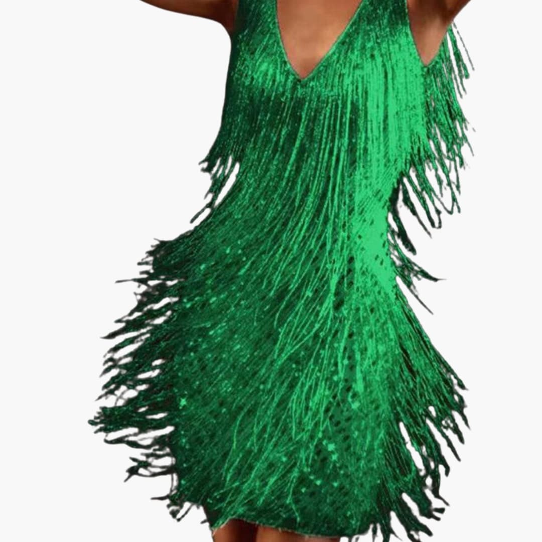Short Sleeve V Neck Mini Dress with Tassel Trim
