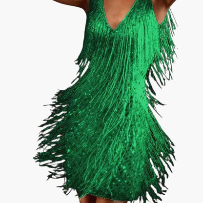 Short Sleeve V Neck Mini Dress with Tassel Trim