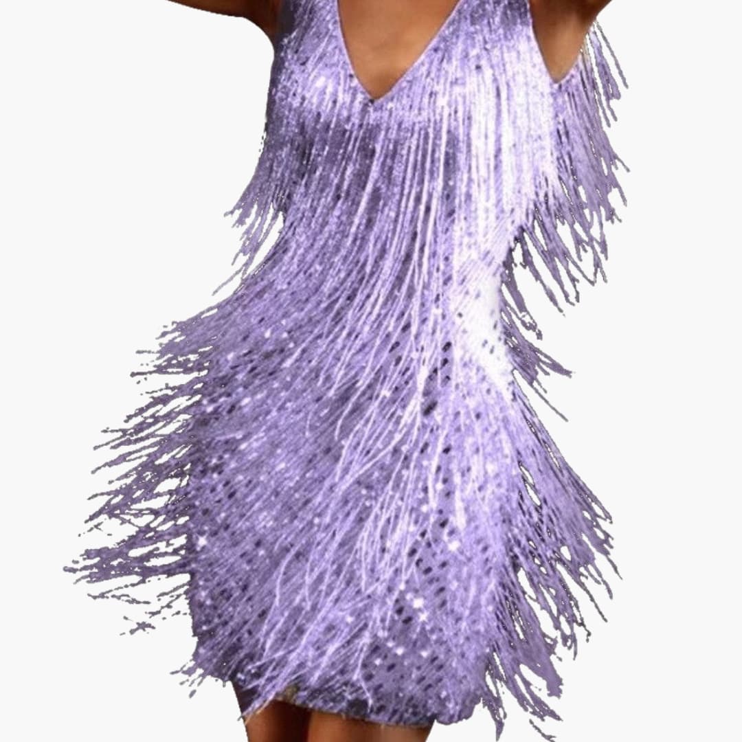 Short Sleeve V Neck Mini Dress with Tassel Trim