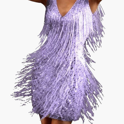 Short Sleeve V Neck Mini Dress with Tassel Trim