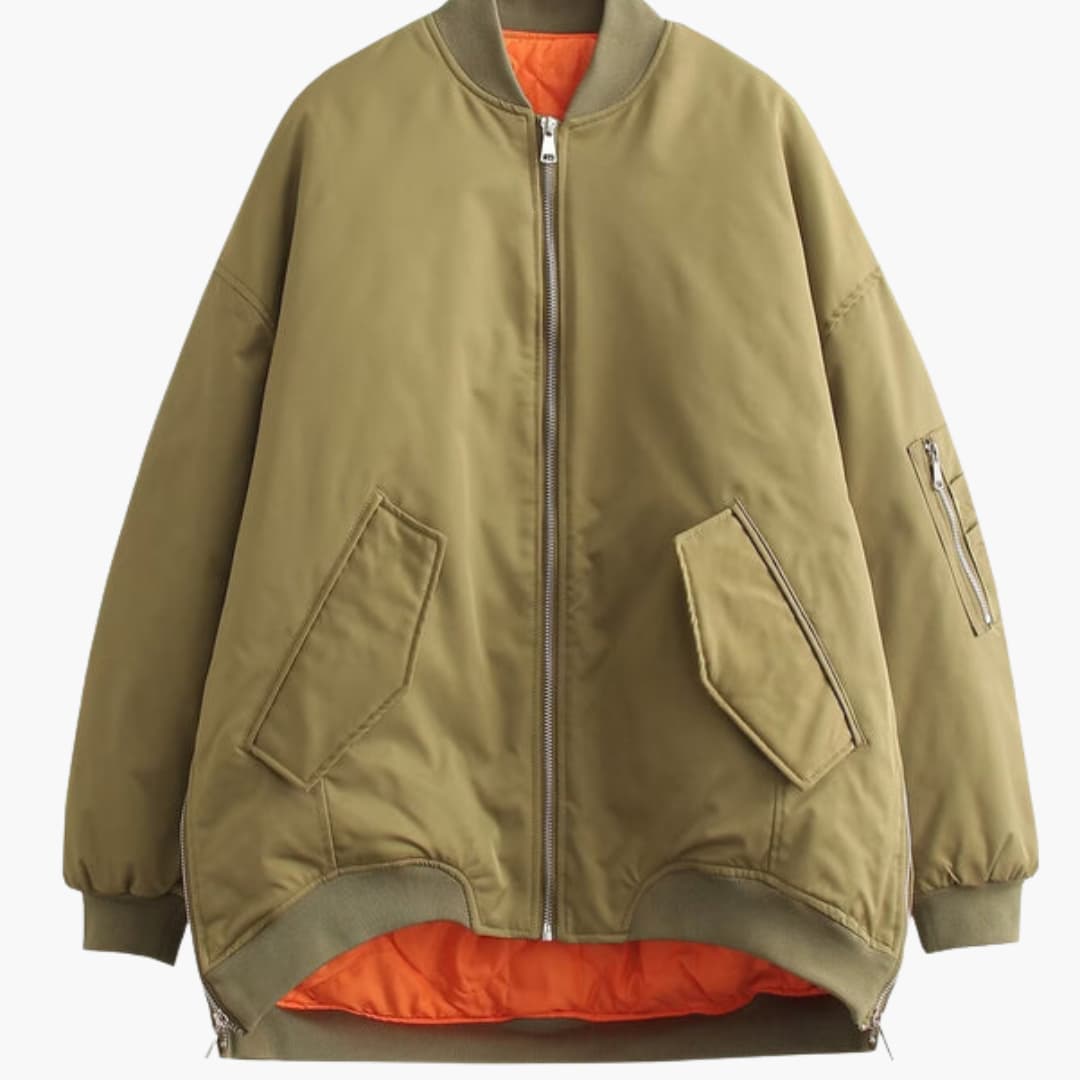 Relaxed Fit Women's Bomber Coat with Pockets - Olytrend