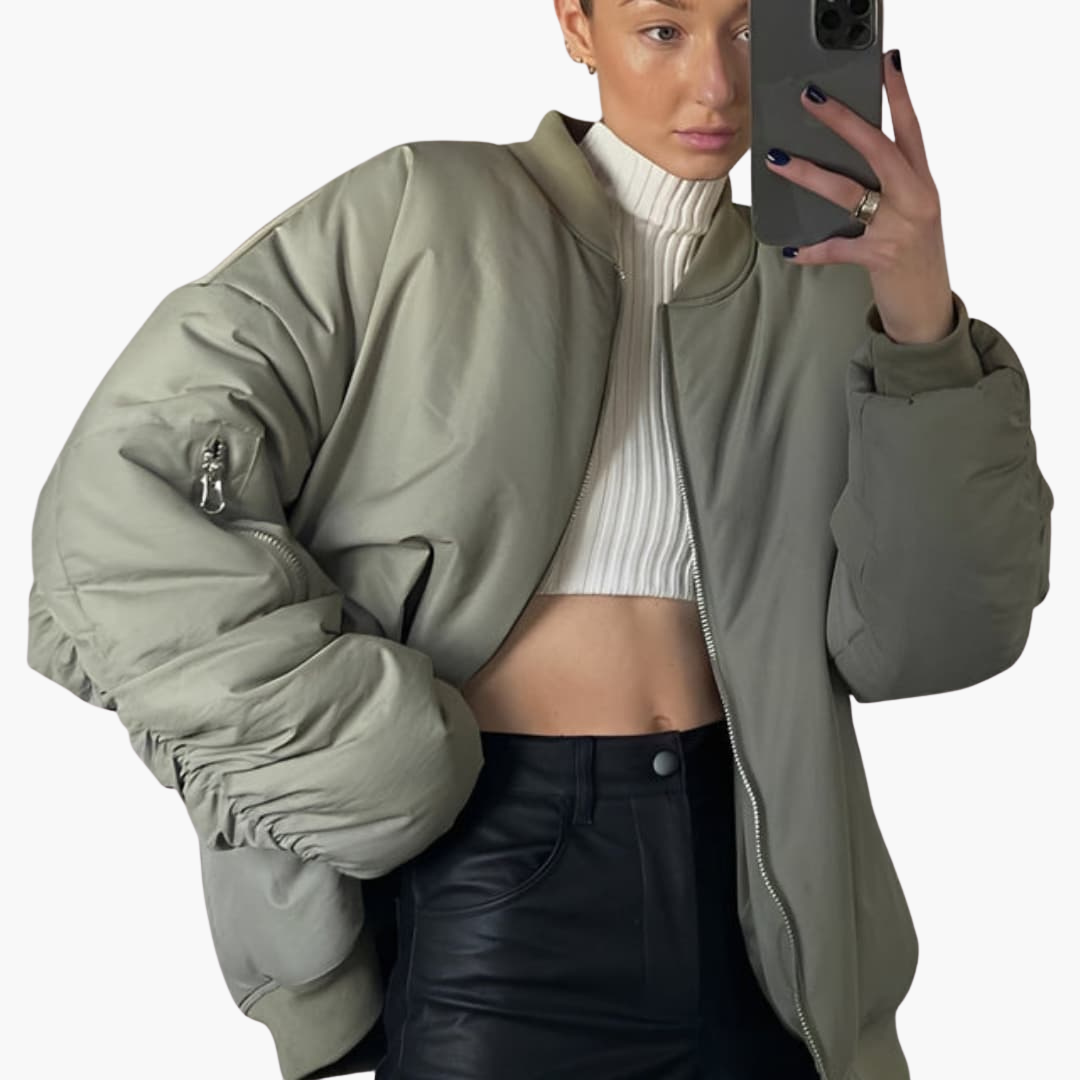 Women's Large Bomber Coat with Long Sleeves and Pockets