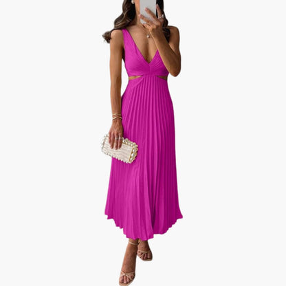 Ladies Flowy Ruffle Satin Dress with Round Neck