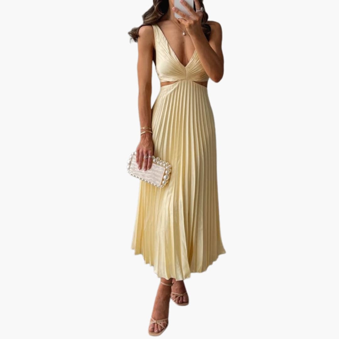 Ladies Flowy Ruffle Satin Dress with Round Neck - Olytrend
