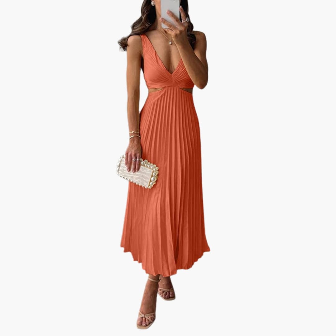 Ladies Flowy Ruffle Satin Dress with Round Neck